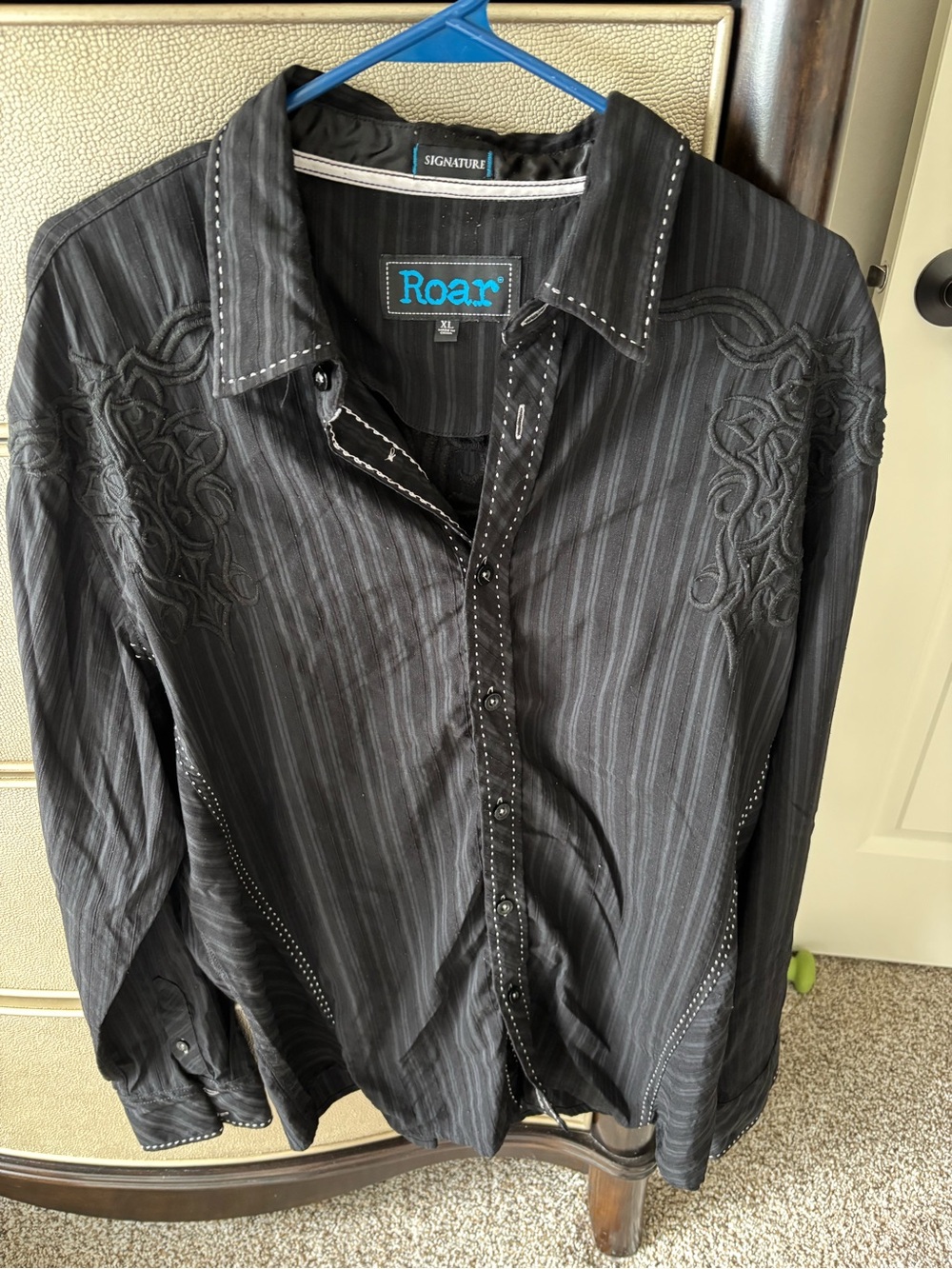 Roar Men's Black Pinstripe Embroidered Button-Down Shirt